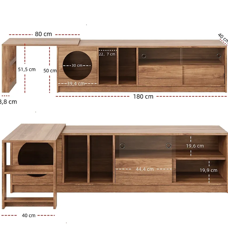 Meuble TV Rotatif avec Espace Chat Intégré et Rangement, Portes en Verre Trempé, MDF + Verre, 180 (+80)x40x50 cm, Bois Noyer
