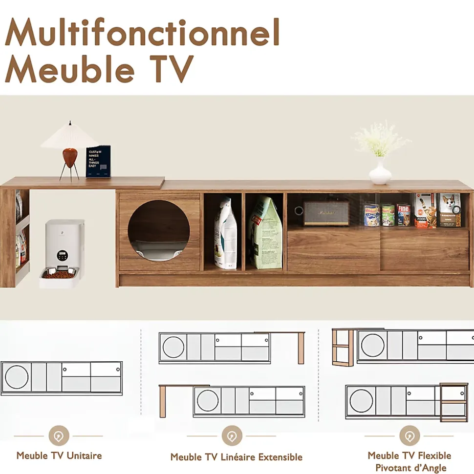 Meuble TV Rotatif avec Espace Chat Intégré et Rangement, Portes en Verre Trempé, MDF + Verre, 180 (+80)x40x50 cm, Bois Noyer