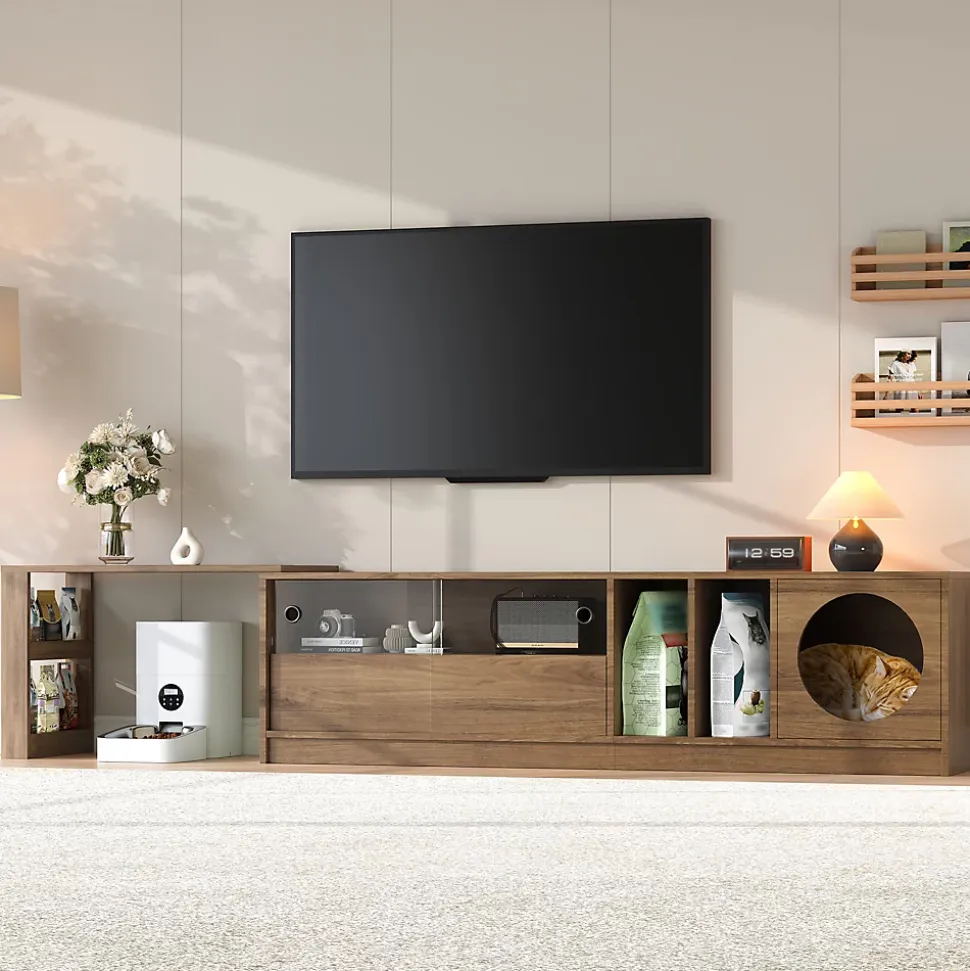 Meuble TV Rotatif avec Espace Chat Intégré et Rangement, Portes en Verre Trempé, MDF + Verre, 180 (+80)x40x50 cm, Bois Noyer