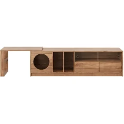Meuble TV Rotatif avec Espace Chat Intégré et Rangement, Portes en Verre Trempé, MDF + Verre, 180 (+80)x40x50 cm, Bois Noyer