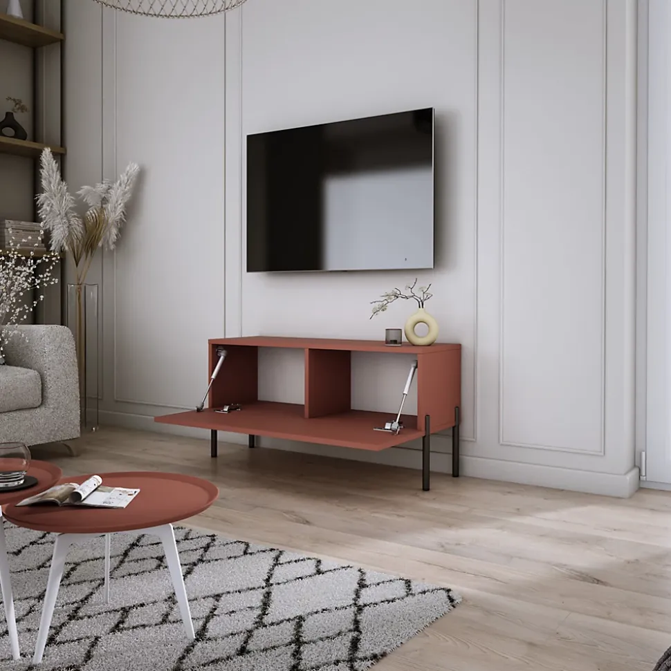 Meuble TV, Rouge Brique, 100 x 52 x 32 cm, jambes noires