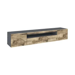Meuble TV Salvatore, Buffet bas de salon avec 3 portes, Base pour meuble TV, 200x40h37 cm, Ardoise et Erable, avec lumière LED