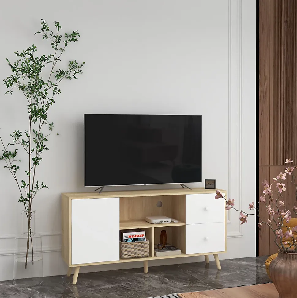 Meuble TV scandinave porte 3 niches 2 tiroirs piètement bois de pin aspect chêne clair blanc