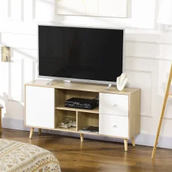 Meuble TV scandinave porte 3 niches 2 tiroirs piètement bois de pin aspect chêne clair blanc
