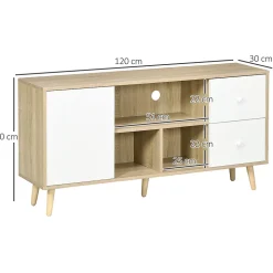 Meuble TV scandinave porte 3 niches 2 tiroirs piètement bois de pin aspect chêne clair blanc