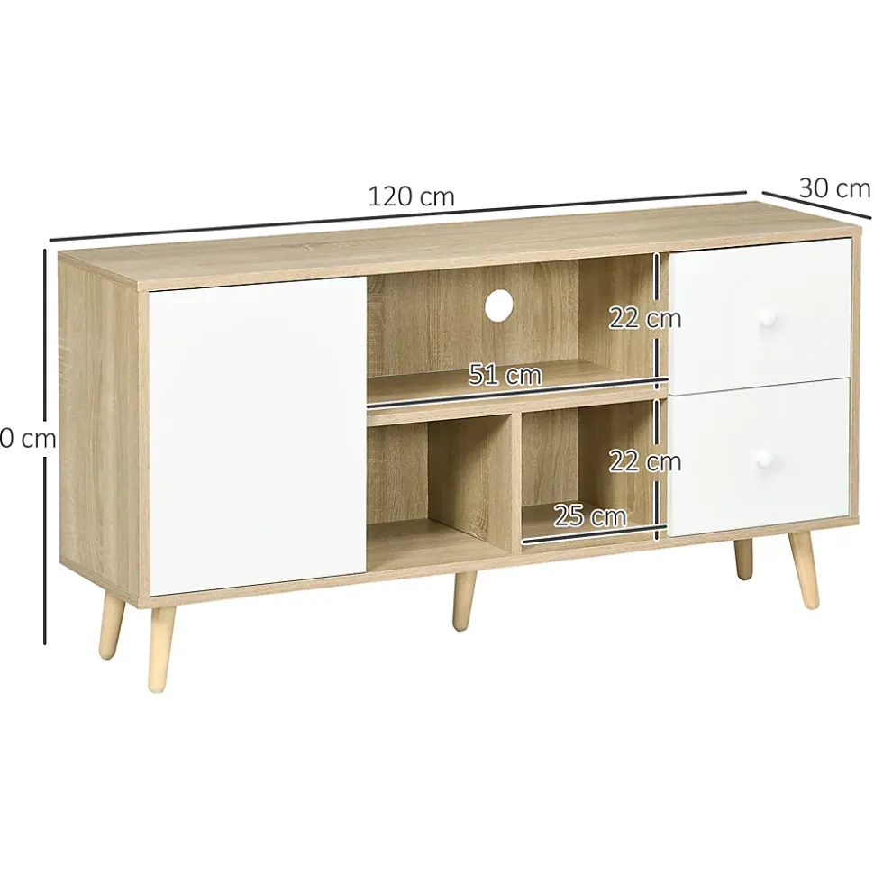 Meuble TV scandinave porte 3 niches 2 tiroirs piètement bois de pin aspect chêne clair blanc