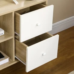 Meuble TV scandinave porte 3 niches 2 tiroirs piètement bois de pin aspect chêne clair blanc