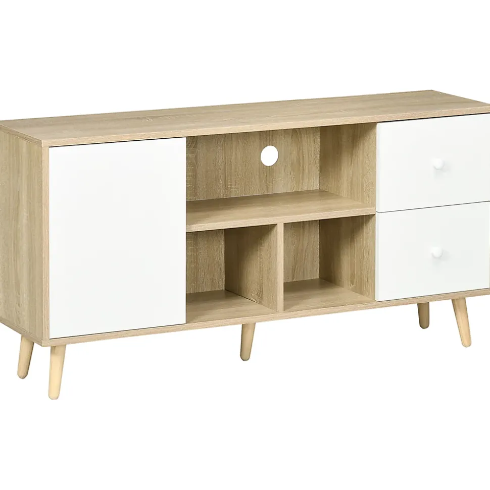 Meuble TV scandinave porte 3 niches 2 tiroirs piètement bois de pin aspect chêne clair blanc