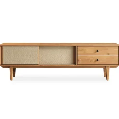 Meuble TV SIMONA L 175 cm en bois massif et rotin - Coloris chêne
