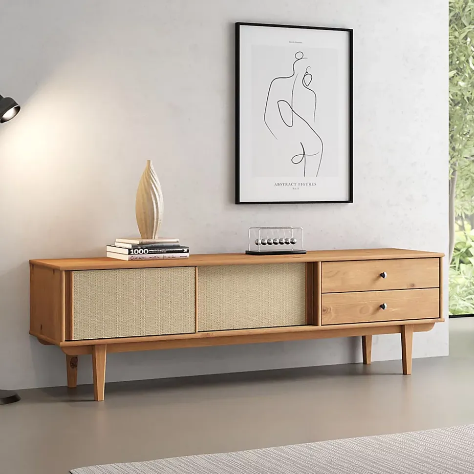Meuble TV SIMONA L 175 cm en bois massif et rotin - Coloris chêne