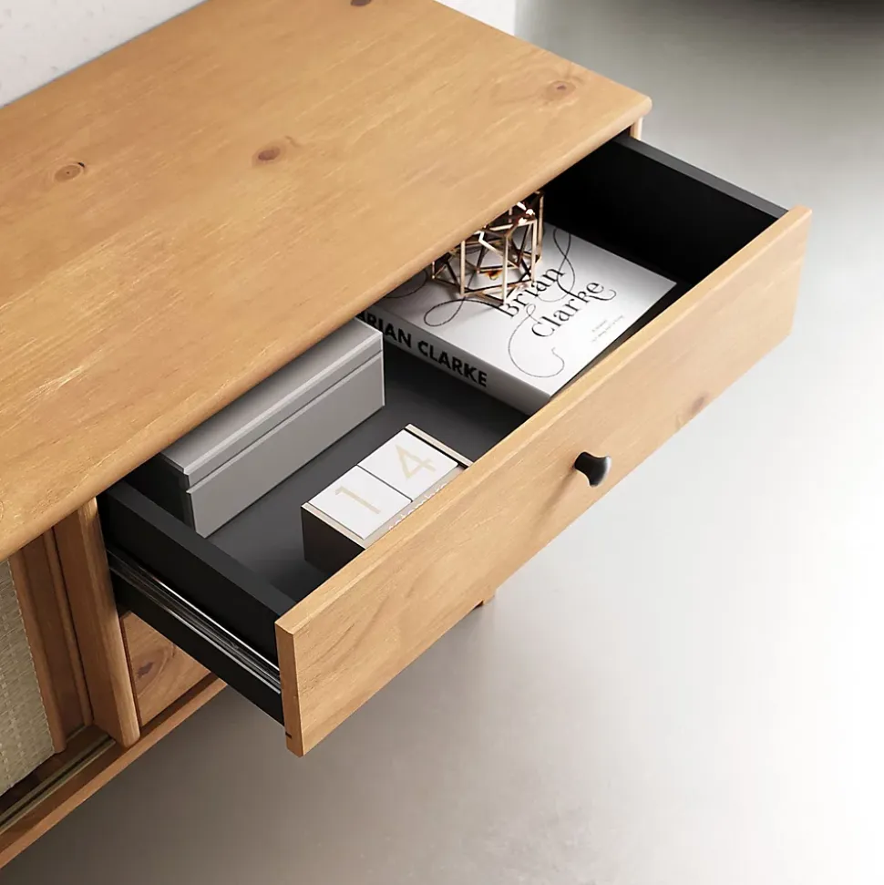 Meuble TV SIMONA L 175 cm en bois massif et rotin - Coloris chêne