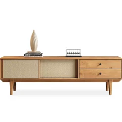 Meuble TV SIMONA L 175 cm en bois massif et rotin - Coloris chêne