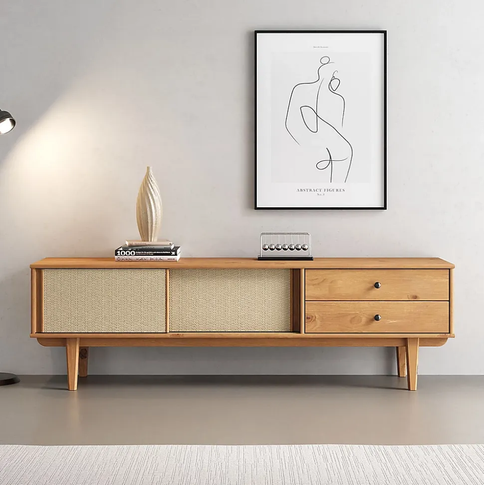 Meuble TV SIMONA L 175 cm en bois massif et rotin - Coloris chêne