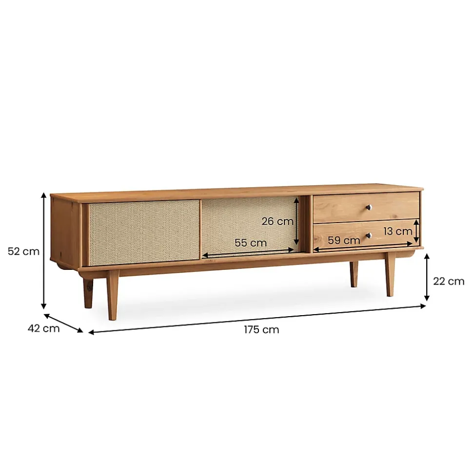 Meuble TV SIMONA L 175 cm en bois massif et rotin - Coloris chêne