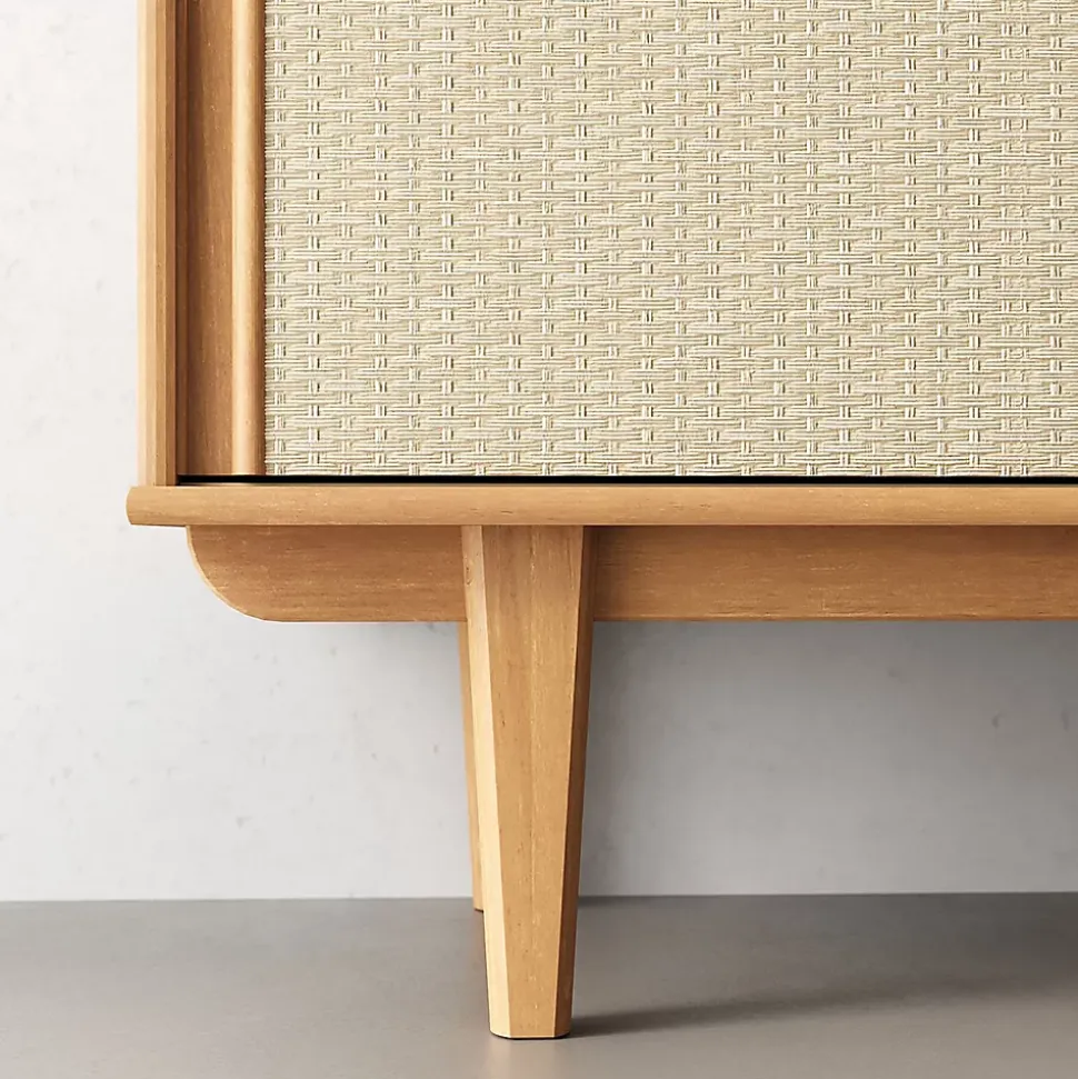 Meuble TV SIMONA L 175 cm en bois massif et rotin - Coloris chêne