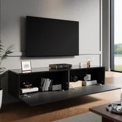 Meuble TV SIRHONA Grand Rangement Moderne Sans Poignées +2 Portes + Noir +140 cm