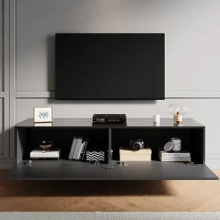Meuble TV SIRHONA Grand Rangement Moderne Sans Poignées +2 Portes + Noir +140 cm