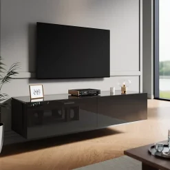 Meuble TV SIRHONA Grand Rangement Moderne Sans Poignées +2 Portes + Noir +140 cm