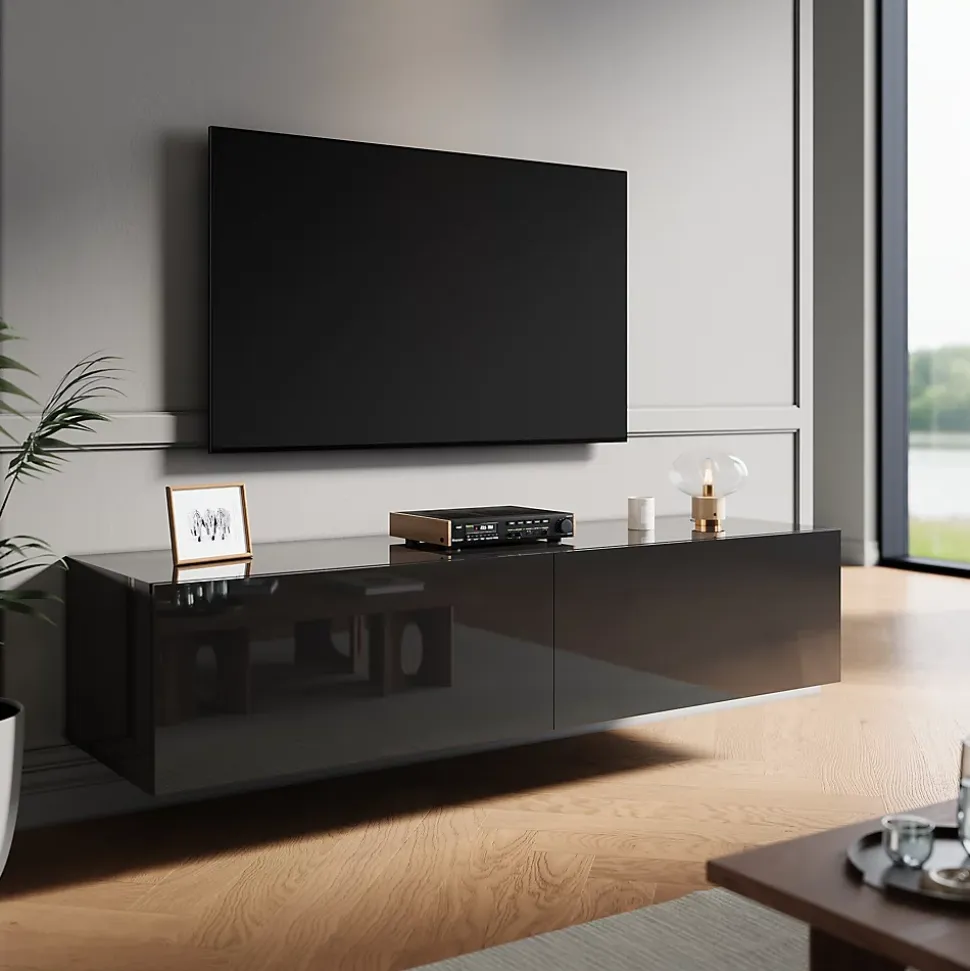 Meuble TV SIRHONA Grand Rangement Moderne Sans Poignées +2 Portes + Noir +140 cm