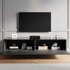 Meuble TV SIRHONA Grand Rangement Moderne Sans Poignées +2 Portes + Noir +160 cm