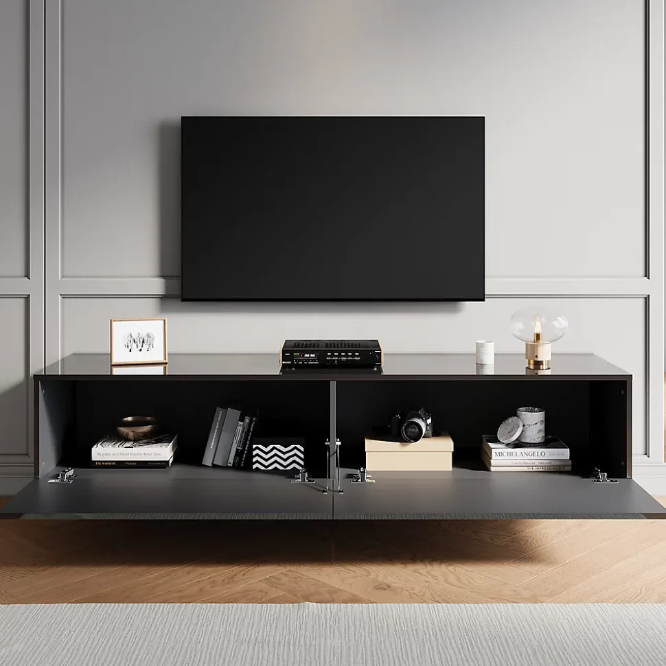 Meuble TV SIRHONA Grand Rangement Moderne Sans Poignées +2 Portes + Noir +160 cm