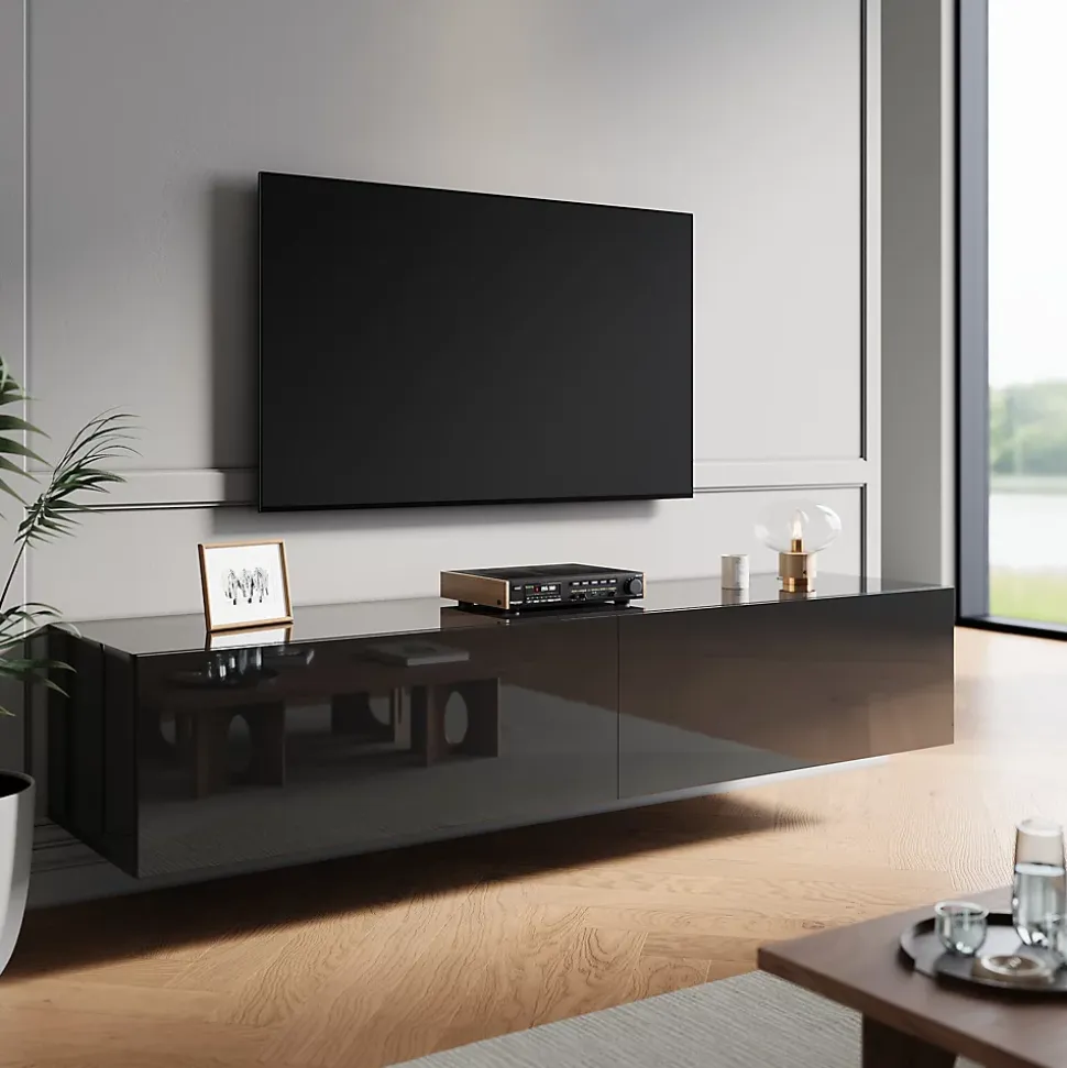Meuble TV SIRHONA Grand Rangement Moderne Sans Poignées +2 Portes + Noir +160 cm