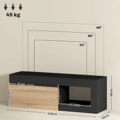 Meuble TV style moderne bicolore 2 portes grande niche 140 x 40 x 48 cm effet bois naturel noir
