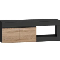 Meuble TV style moderne bicolore 2 portes grande niche 140 x 40 x 48 cm effet bois naturel noir