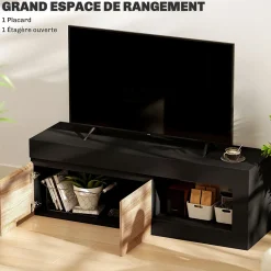 Meuble TV style moderne bicolore 2 portes grande niche 140 x 40 x 48 cm effet bois naturel noir