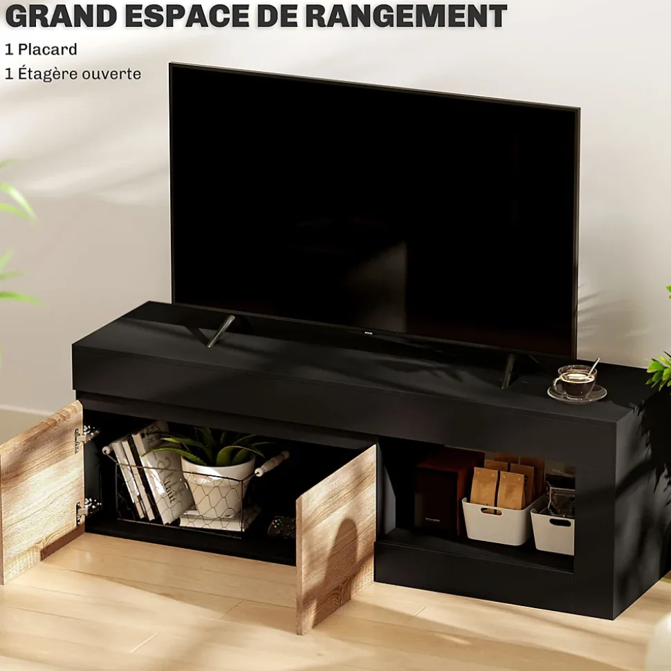 Meuble TV style moderne bicolore 2 portes grande niche 140 x 40 x 48 cm effet bois naturel noir