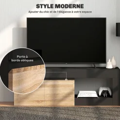 Meuble TV style moderne bicolore 2 portes grande niche 140 x 40 x 48 cm effet bois naturel noir