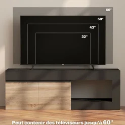 Meuble TV style moderne bicolore 2 portes grande niche 140 x 40 x 48 cm effet bois naturel noir