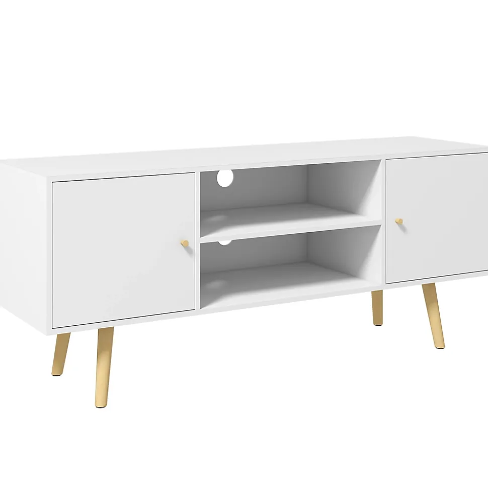 Meuble TV style scandinave 2 portes 2 niches passe-fils piètement bois pin panneaux blanc