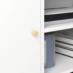 Meuble TV style scandinave 2 portes 2 niches passe-fils piètement bois pin panneaux blanc
