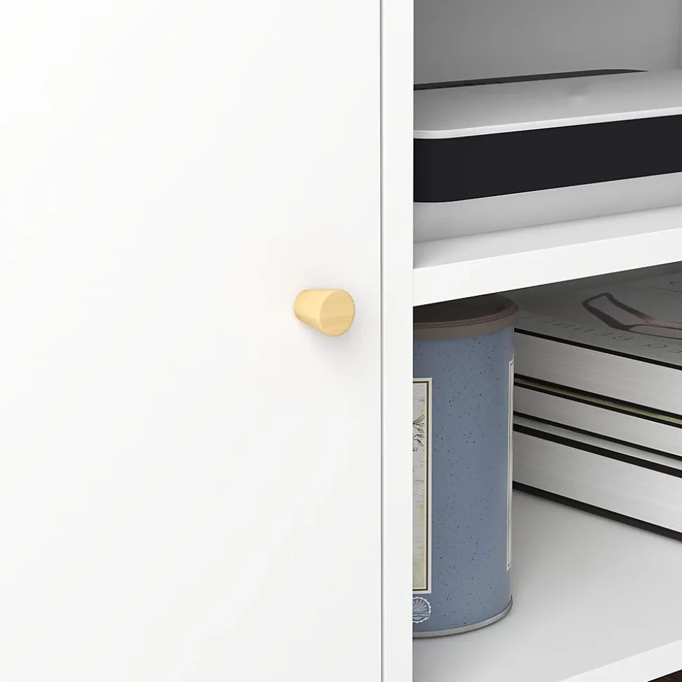 Meuble TV style scandinave 2 portes 2 niches passe-fils piètement bois pin panneaux blanc