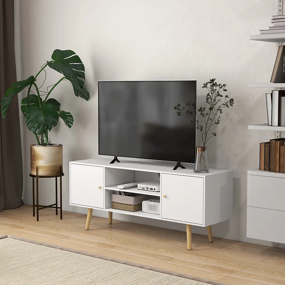 Meuble TV style scandinave 2 portes 2 niches passe-fils piètement bois pin panneaux blanc