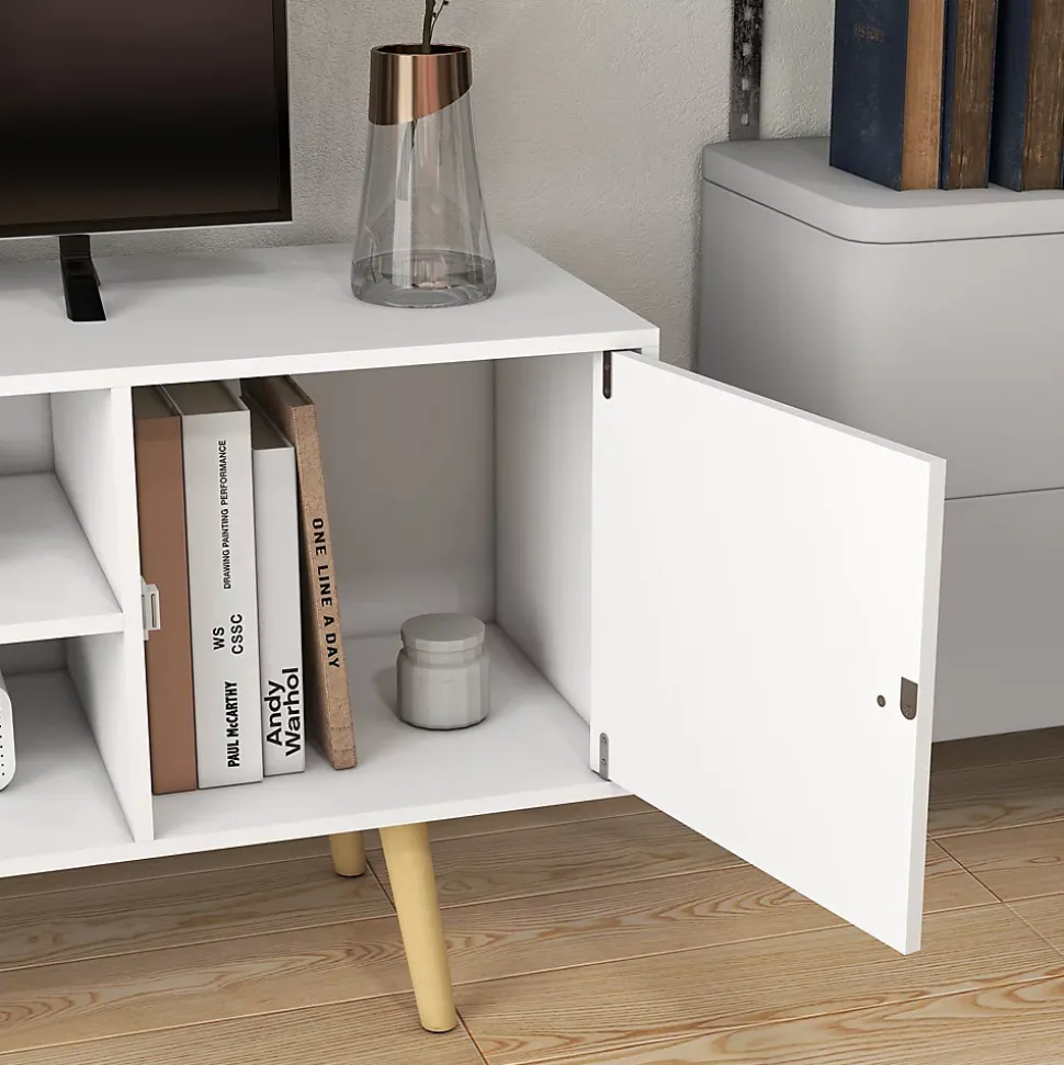 Meuble TV style scandinave 2 portes 2 niches passe-fils piètement bois pin panneaux blanc