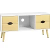 Meuble TV style scandinave 4 tiroirs coulissants niche passe-fils piètement bois pin blanc aspect bois clair