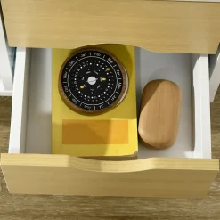 Meuble TV style scandinave 4 tiroirs coulissants niche passe-fils piètement bois pin blanc aspect bois clair