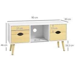 Meuble TV style scandinave 4 tiroirs coulissants niche passe-fils piètement bois pin blanc aspect bois clair