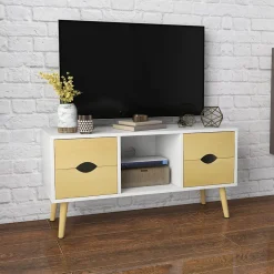 Meuble TV style scandinave 4 tiroirs coulissants niche passe-fils piètement bois pin blanc aspect bois clair