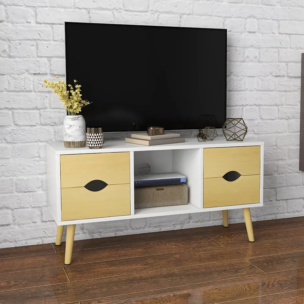 Meuble TV style scandinave 4 tiroirs coulissants niche passe-fils piètement bois pin blanc aspect bois clair