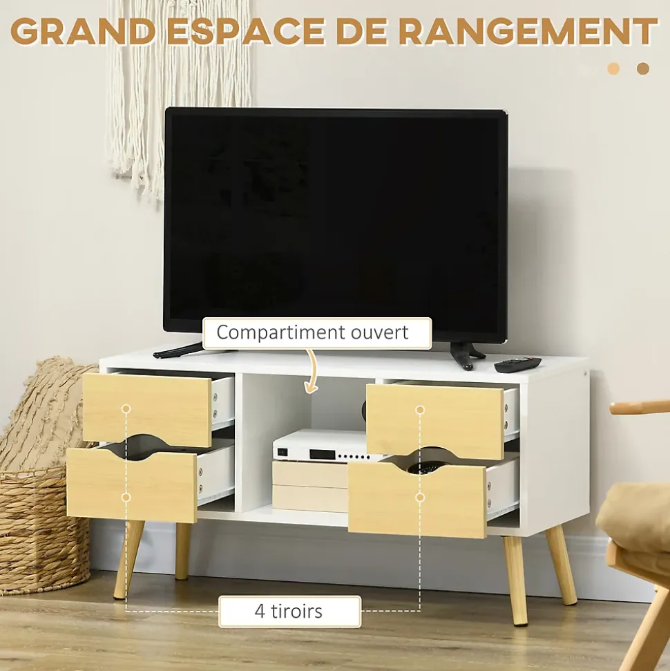Meuble TV style scandinave 4 tiroirs coulissants niche passe-fils piètement bois pin blanc aspect bois clair