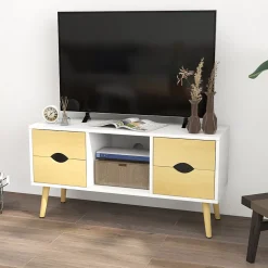 Meuble TV style scandinave 4 tiroirs coulissants niche passe-fils piètement bois pin blanc aspect bois clair