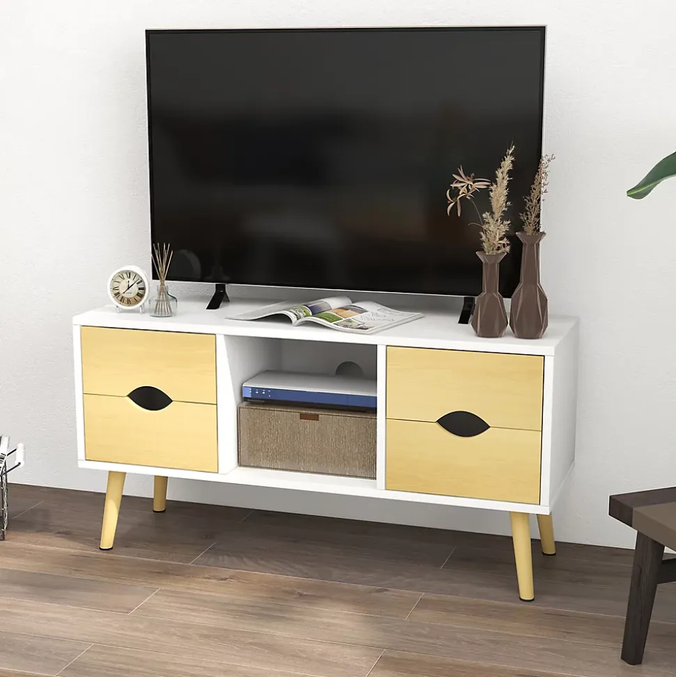 Meuble TV style scandinave 4 tiroirs coulissants niche passe-fils piètement bois pin blanc aspect bois clair