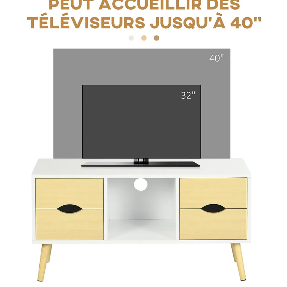 Meuble TV style scandinave 4 tiroirs coulissants niche passe-fils piètement bois pin blanc aspect bois clair