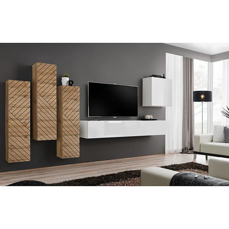 Meuble TV suspendu 180 cm Blanc Collection SWITCH Finitions brillantes Design moderne