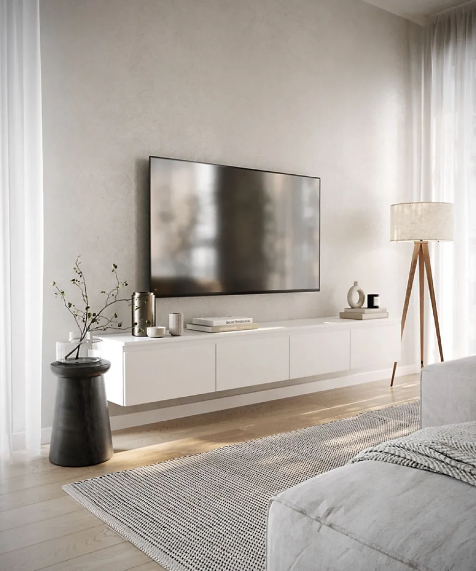 Meuble TV suspendu 200 cm 4 portes blanc BEMMI