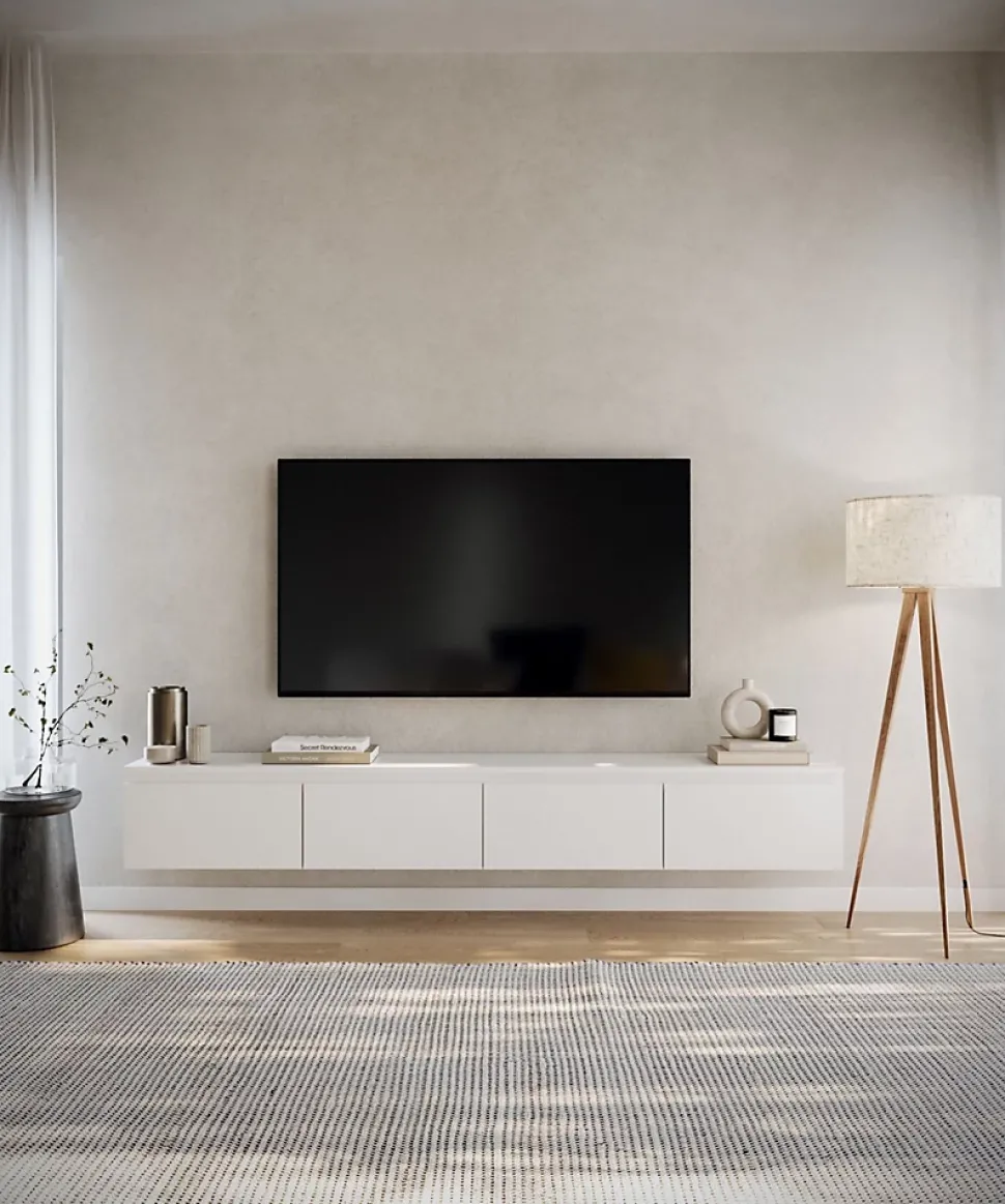 Meuble TV suspendu 200 cm 4 portes blanc BEMMI