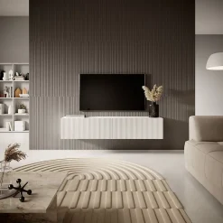 Meuble TV suspendu 140 cm blanc avec façade fraisée Veldio